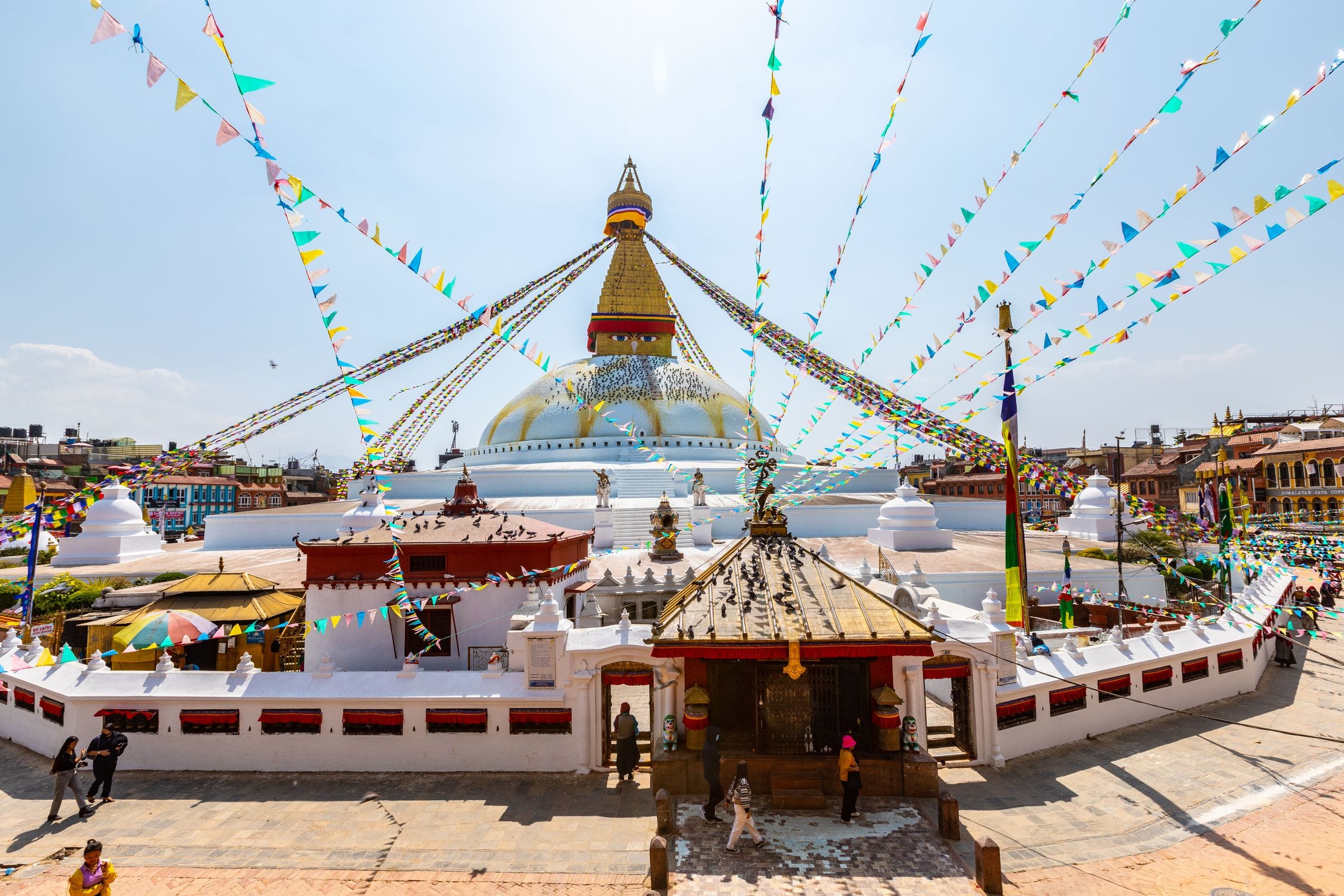 Prayer flags radiating from the Boudhanath stupa in Kathmandu