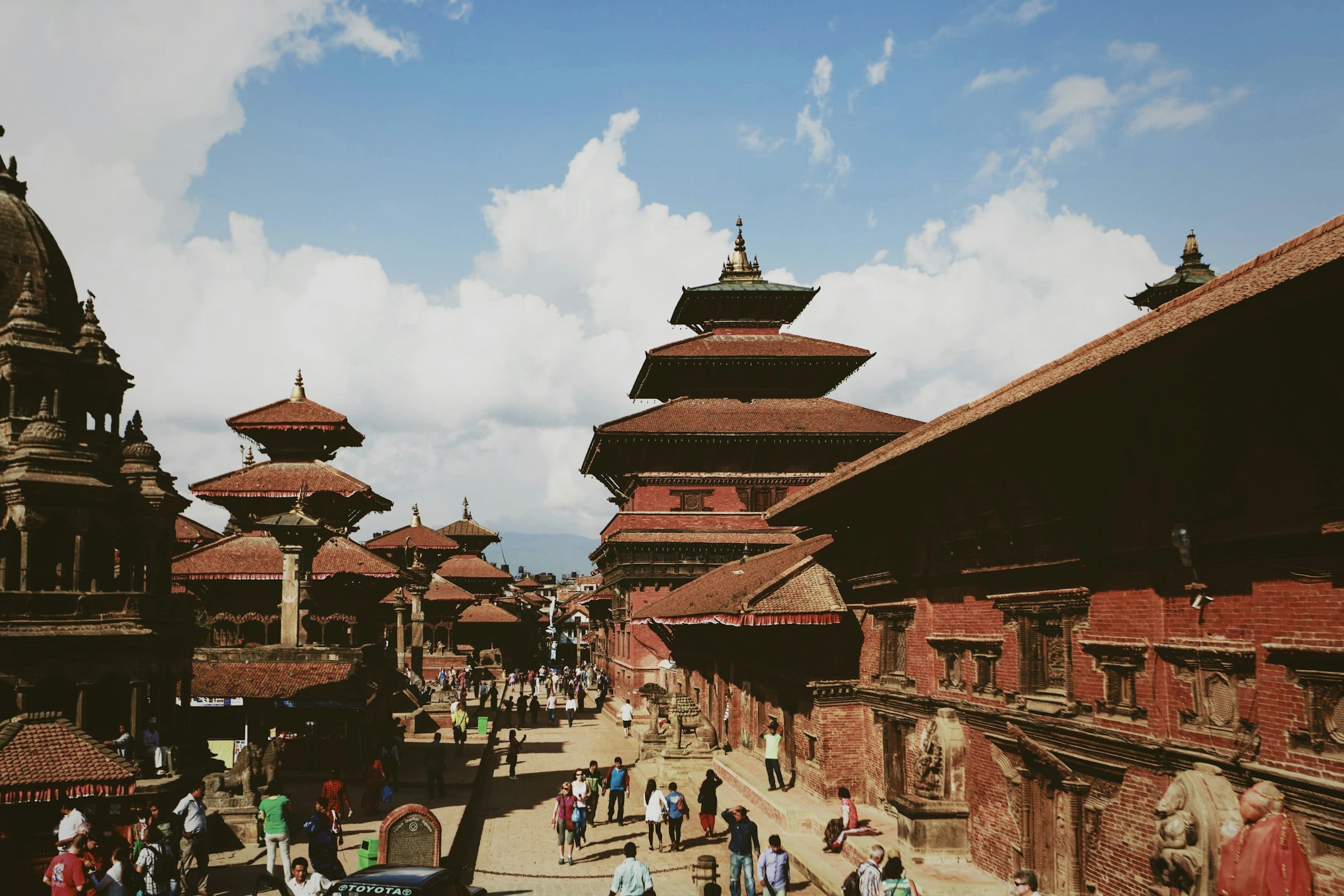 Pagoda temples above a busy street in the old city of Kathmandu