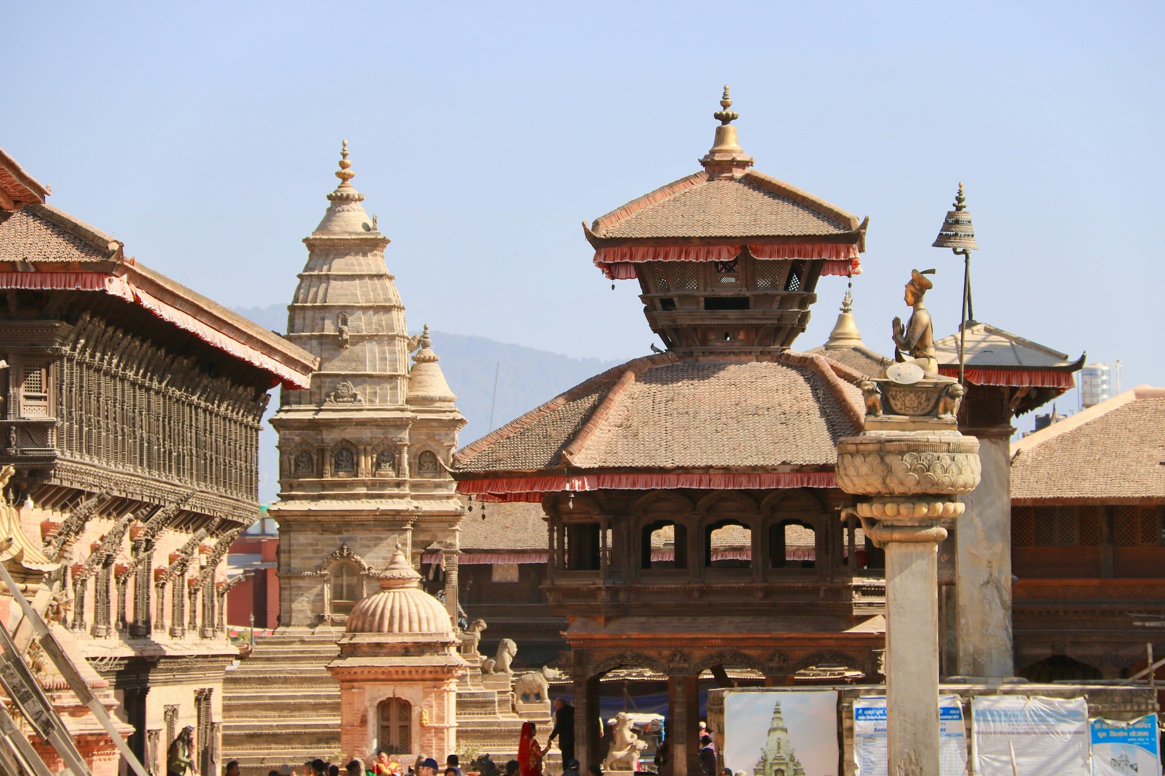 Brick temples and tiered roofs across Bhaktapur Durbar Square
