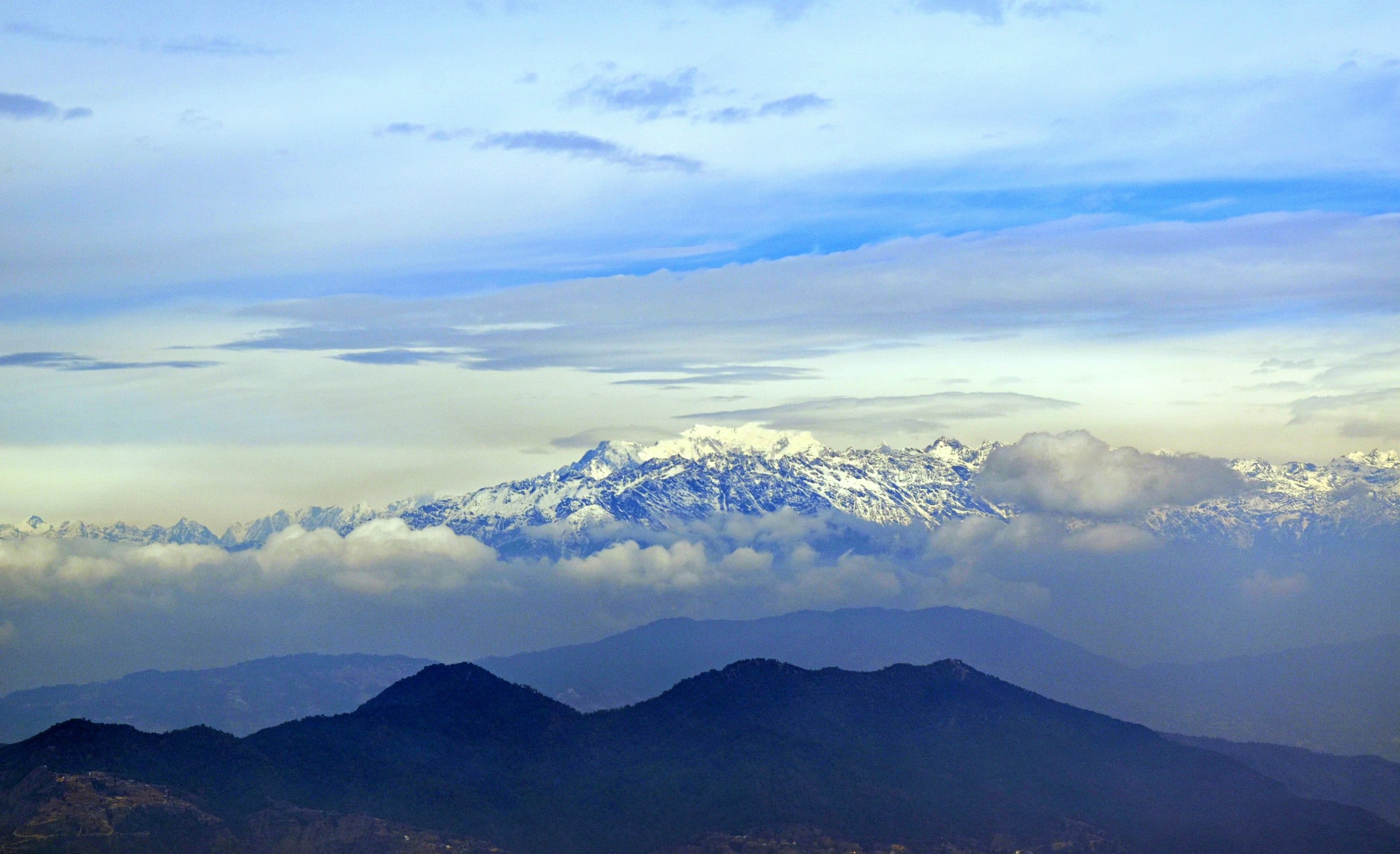 The Himalayan skyline above a sea of cloud at dawn from the Nagarkot ridge