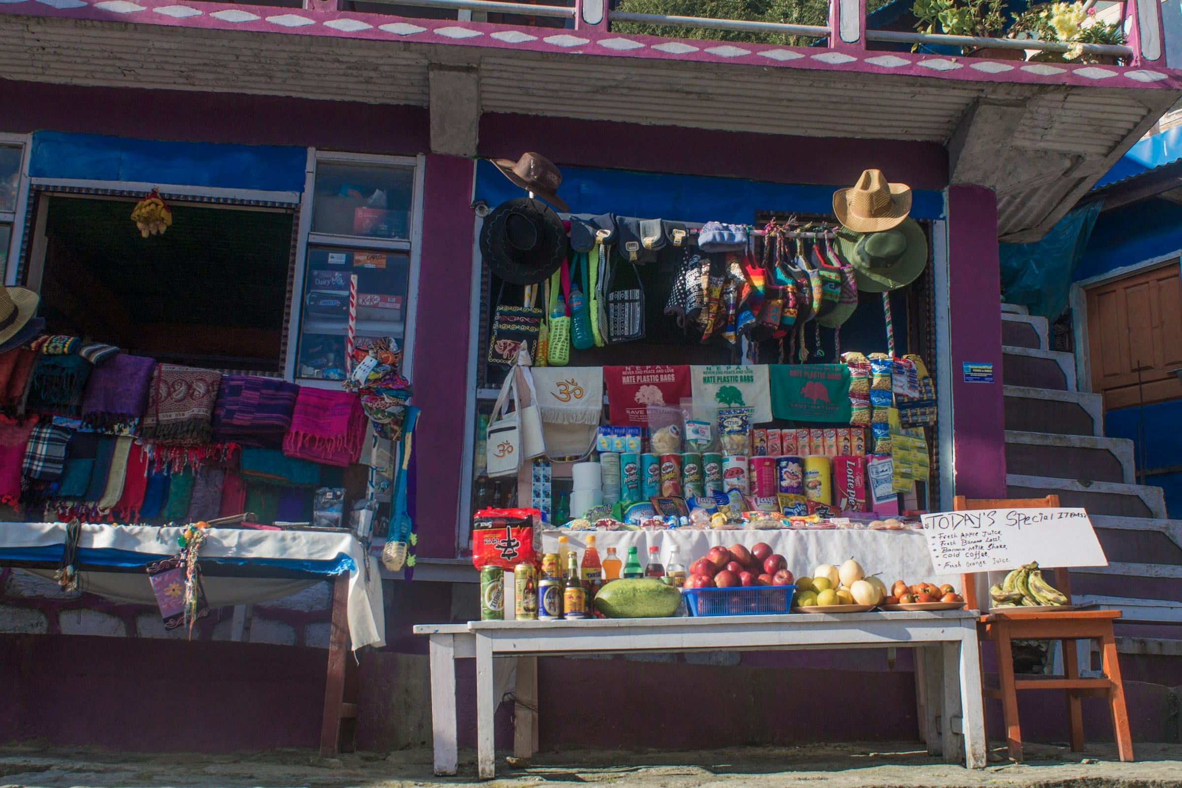 A small shop of colourful goods on a street in Kathmandu