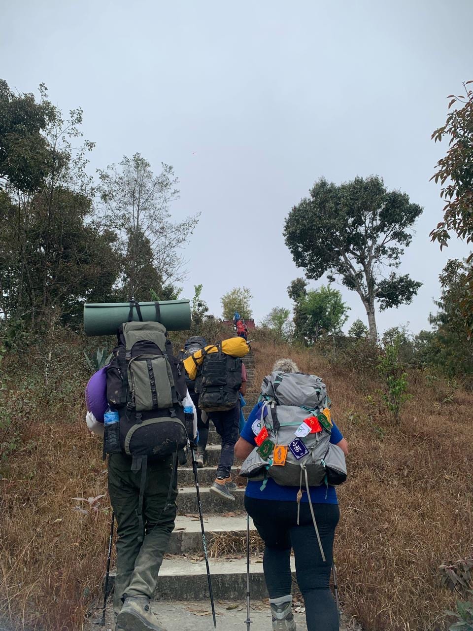 Walkers with trekking poles and loaded backpacks climbing stone steps near Dhulikhel