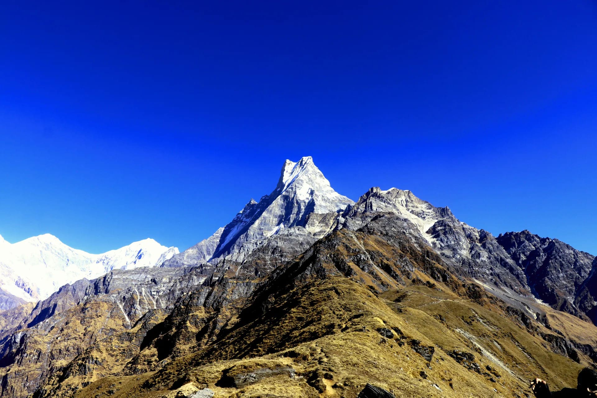 Machhapuchhre (Fishtail) rising above bare brown ridges under a deep blue sky
