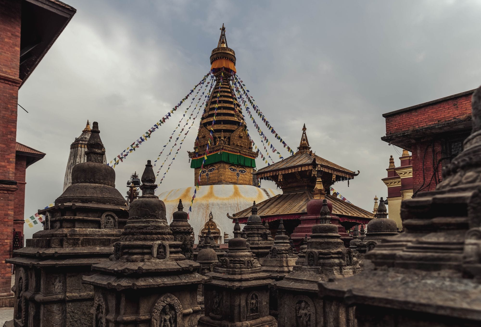 Swayambhunath stupa strung with prayer flags