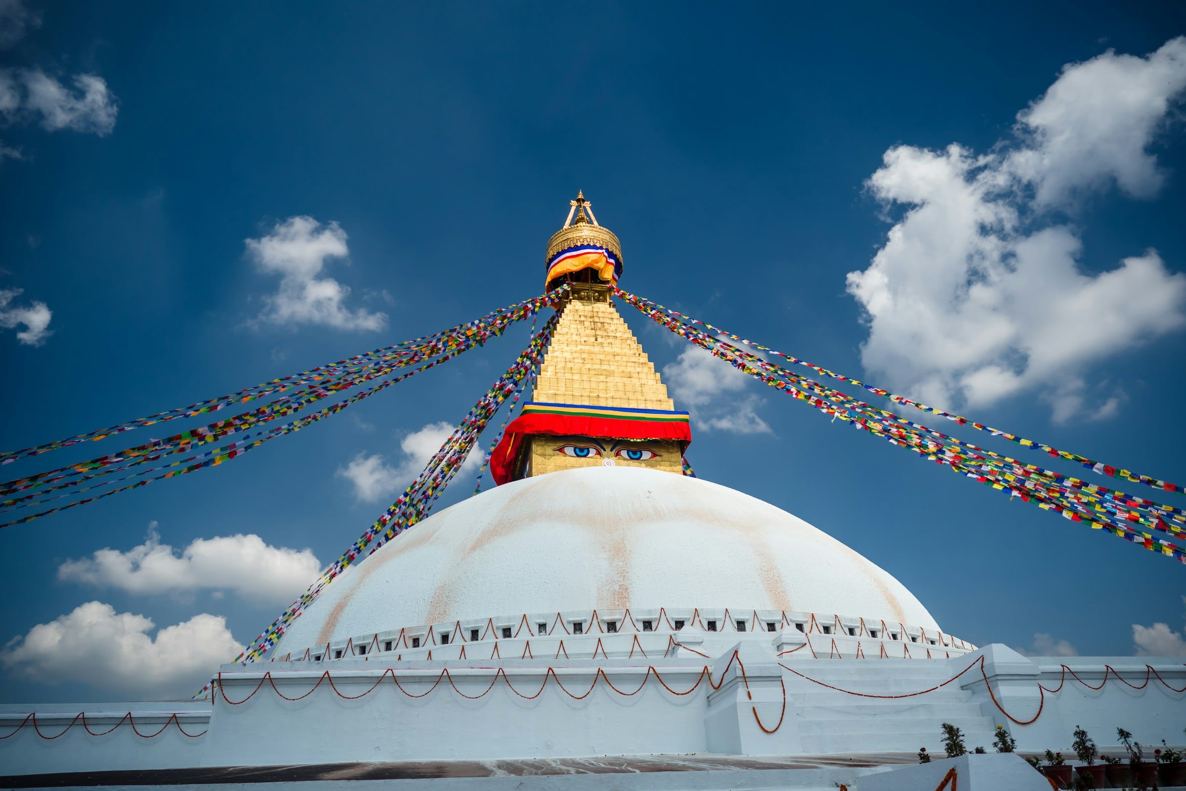 The great white dome and golden spire of Boudhanath stupa