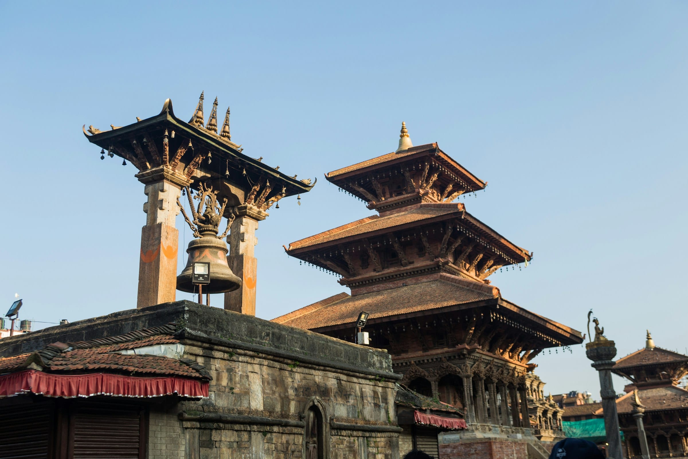 Stone and brick pagoda temples in the pedestrian square at Patan