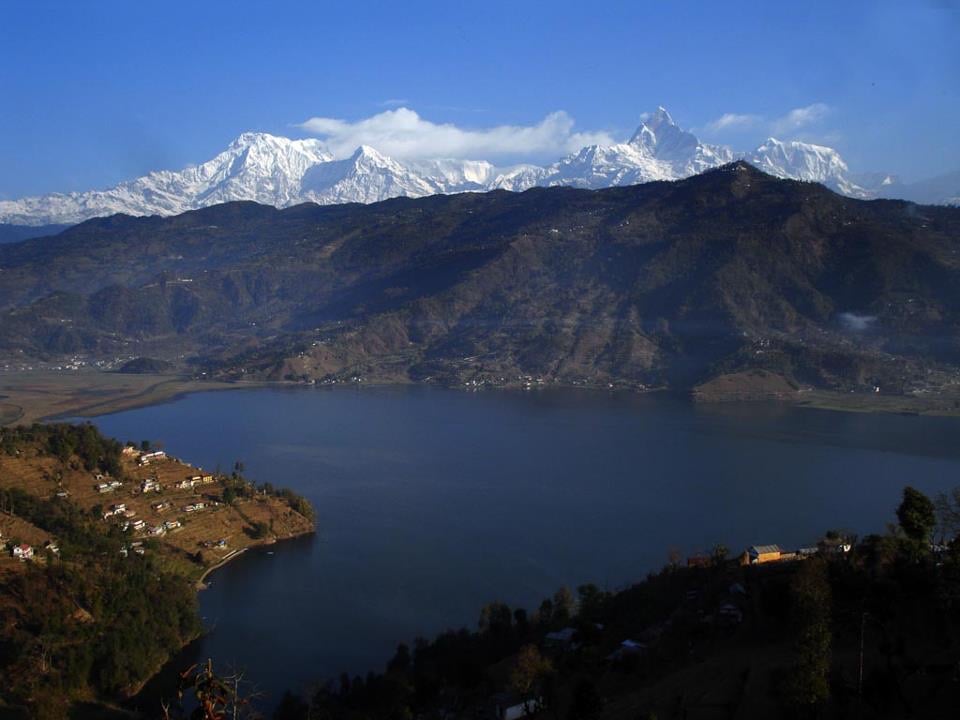 Phewa Lake beneath the Annapurna range and Machhapuchhre, seen from the hills above Pokhara